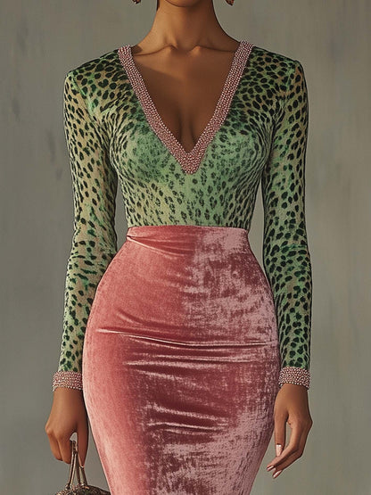 Robe Midi Rose — Velours Bodycon Patchwork Léopard