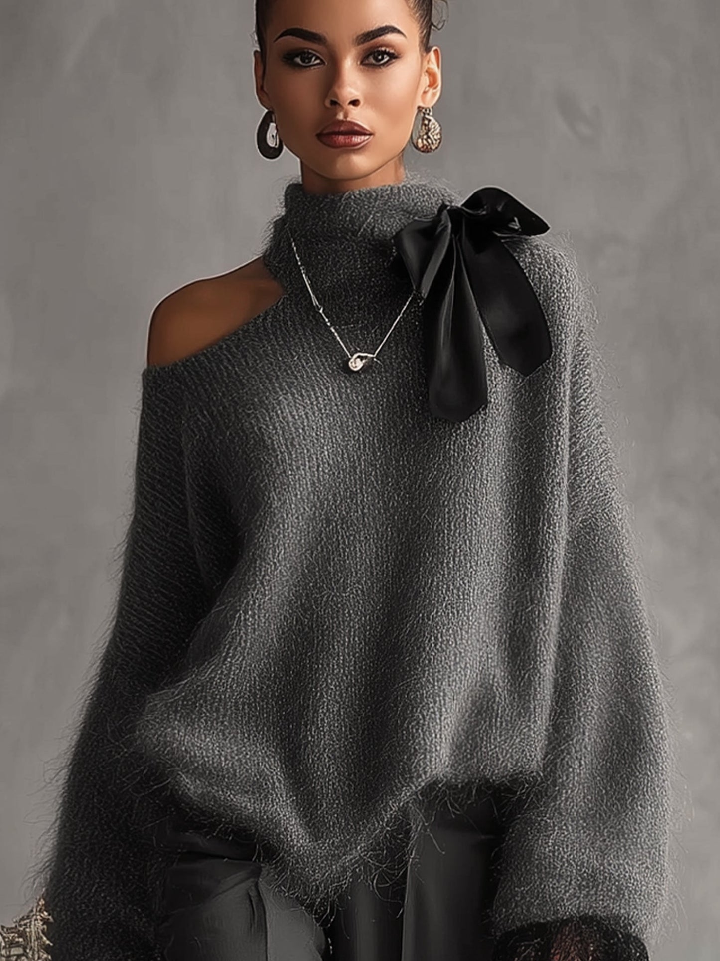 Pull Gris — Mohair Tricoté Poignets Dentelle