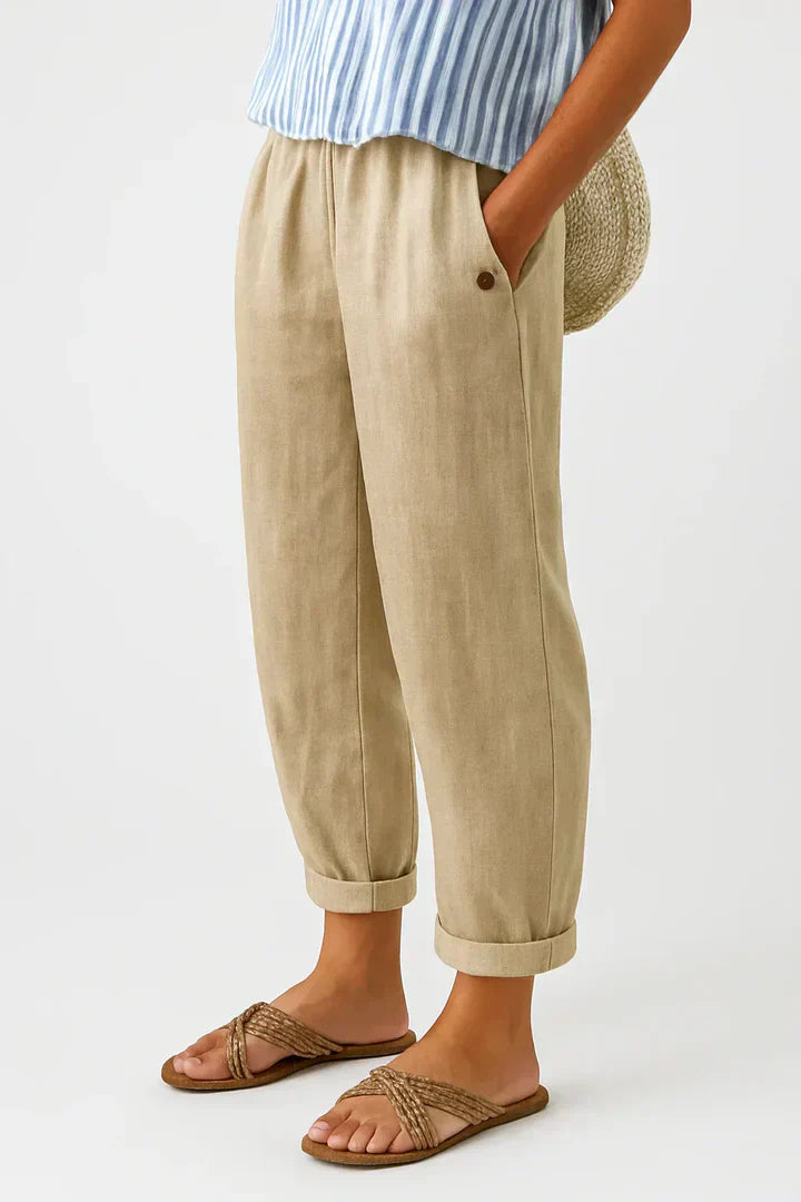 Pantalon Lin Olive — Taille Élastiquée Coupe Décontractée Poches