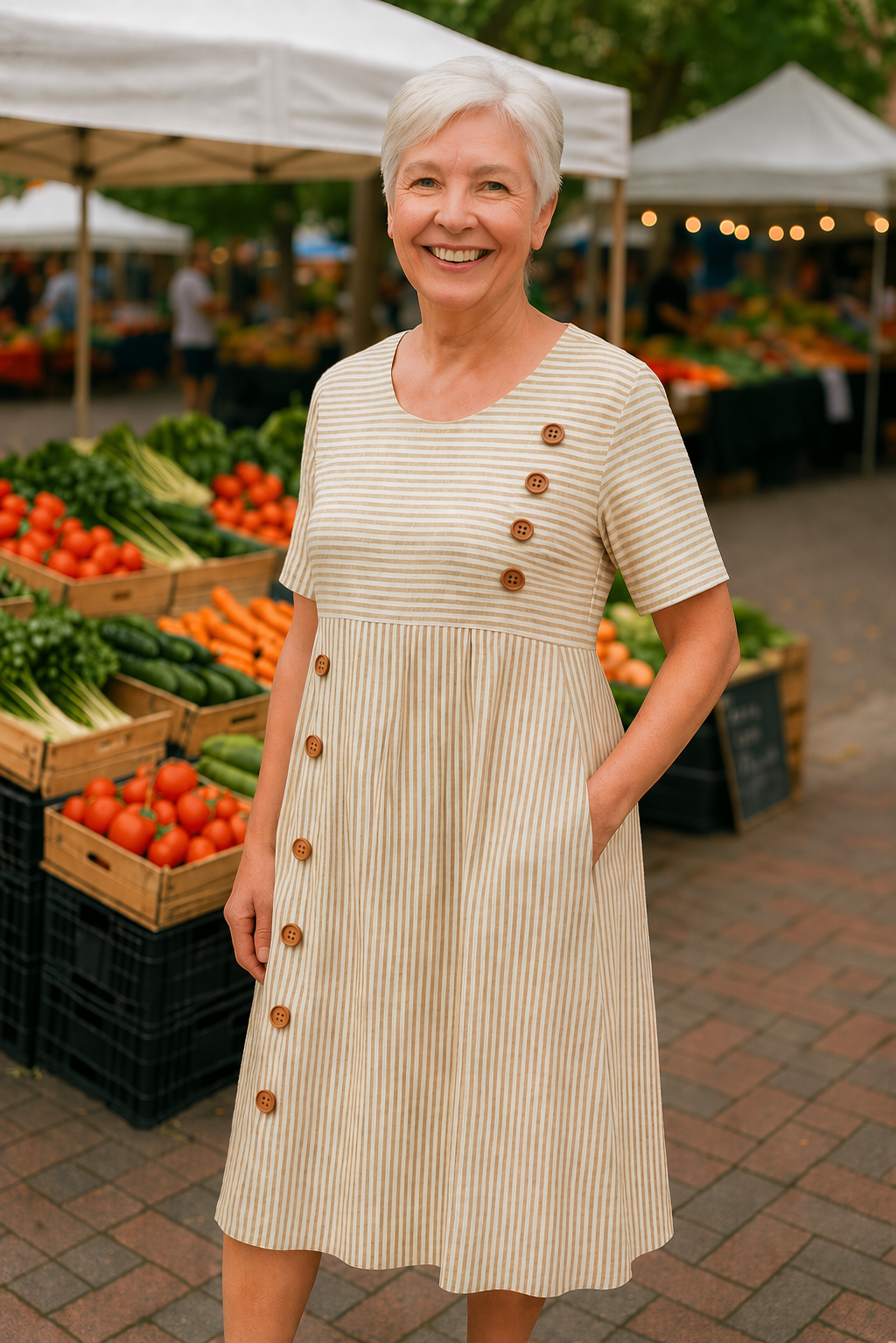 Robe Midi Bleue — Rayures Blanches Boutons Bois Col Rond