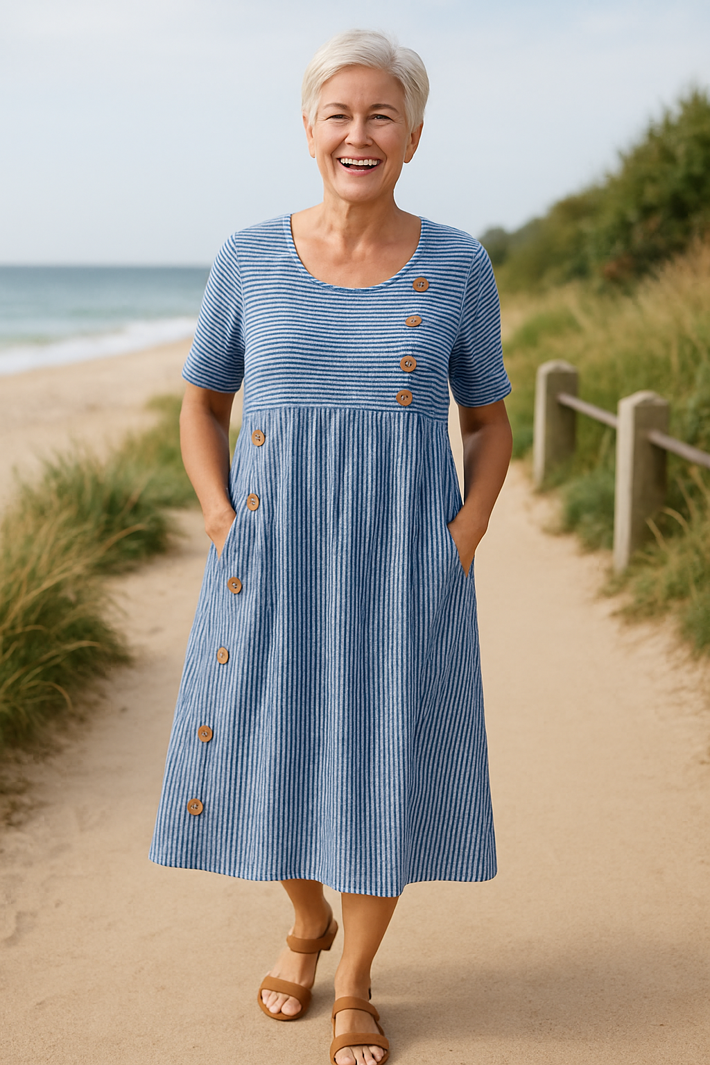 Robe Midi Bleue — Rayures Blanches Boutons Bois Col Rond