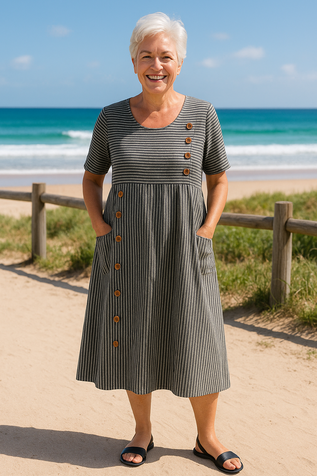 Robe Midi Bleue — Rayures Blanches Boutons Bois Col Rond