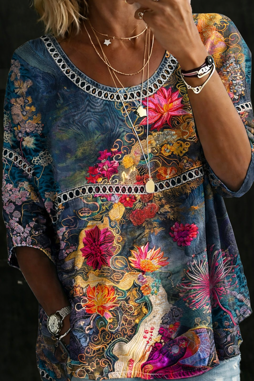 Chemisier en jean vintage à motifs floraux Nicole |