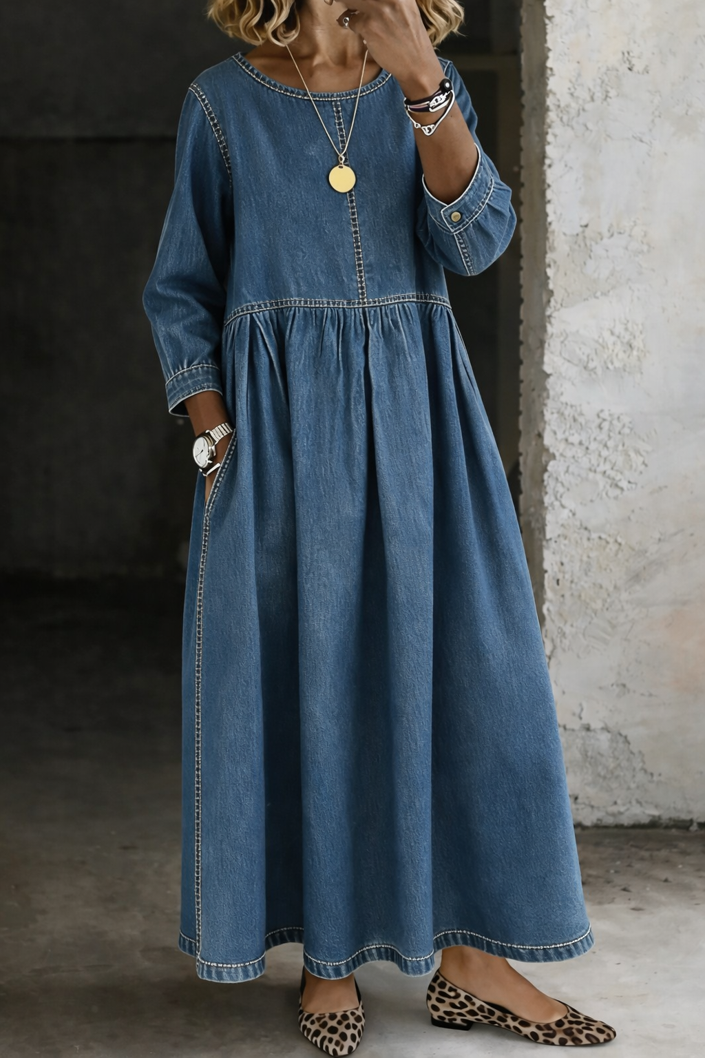 Melissa | Robe en denim à décolleté rond et manches longues