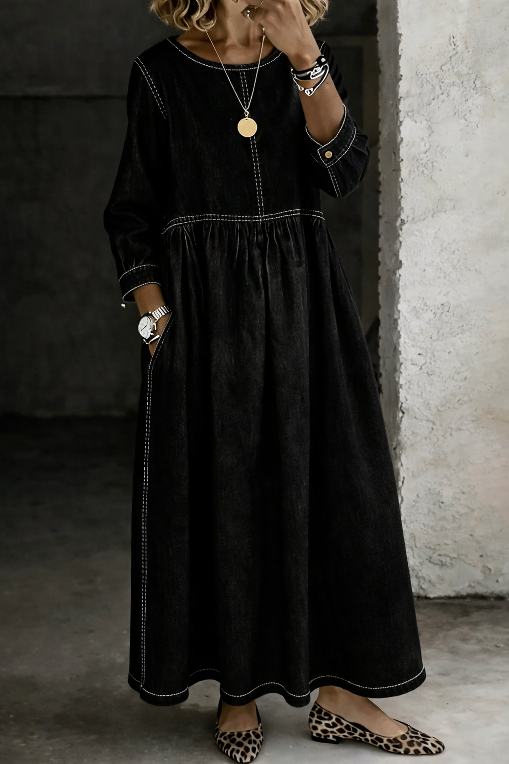 Melissa | Robe en denim à décolleté rond et manches longues