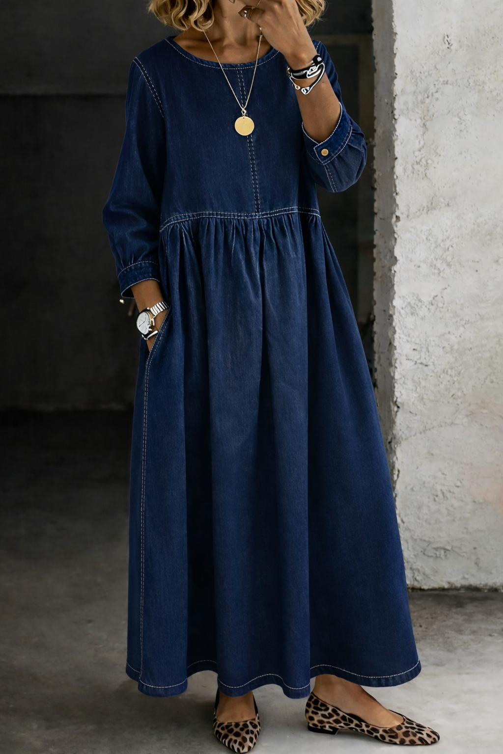 Melissa | Robe en denim à décolleté rond et manches longues