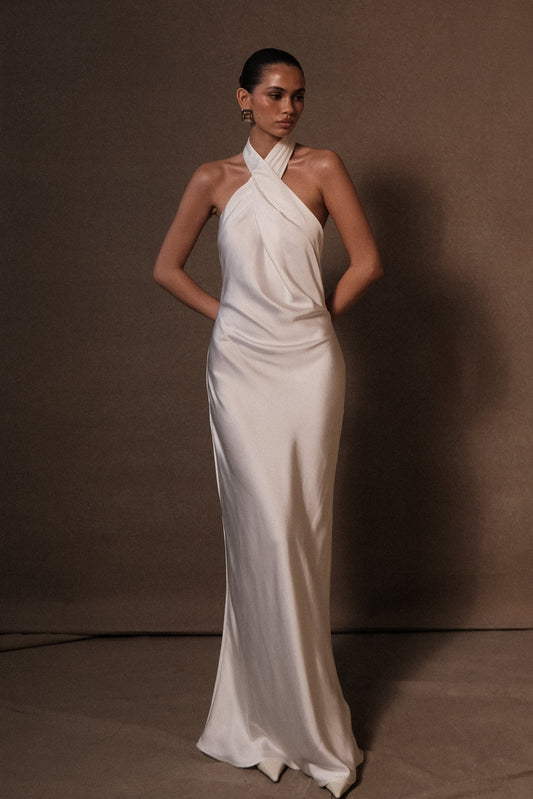 Robe Longue Laura en Satin Blanc