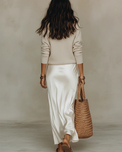 Ensemble Elena — Robe Midi Satinée et Pull Coordonné
