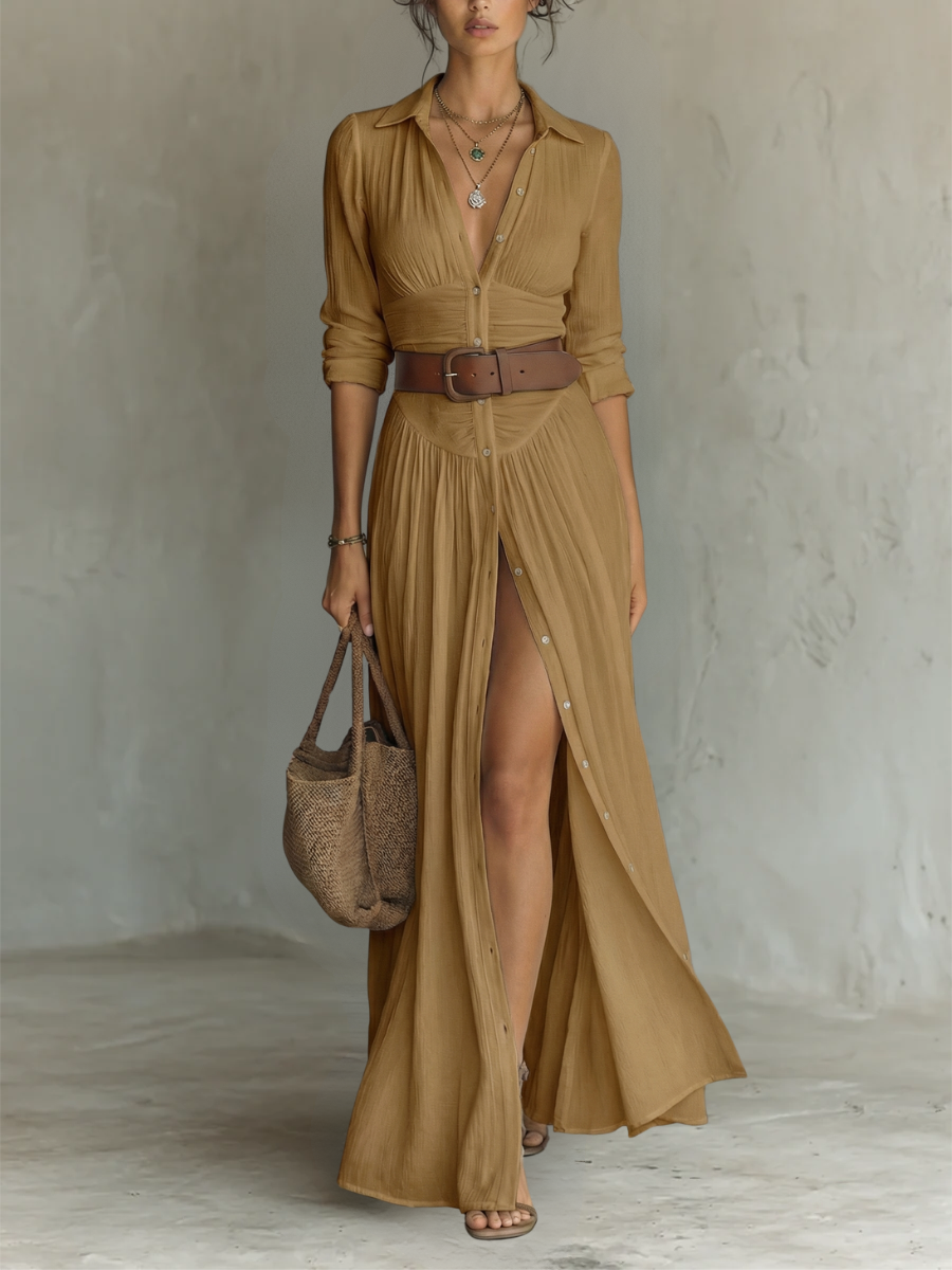Robe Mathilde — Maxi Lin Col Revers Manches Longues