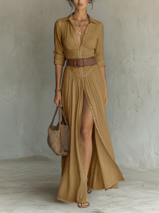 Robe Mathilde — Maxi Lin Col Revers Manches Longues