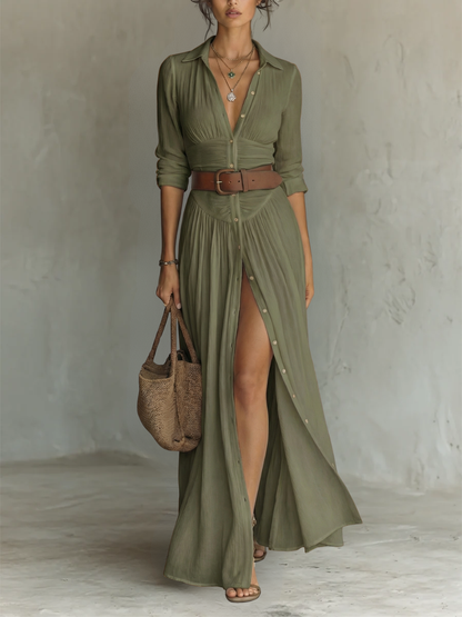 Robe Mathilde — Maxi Lin Col Revers Manches Longues