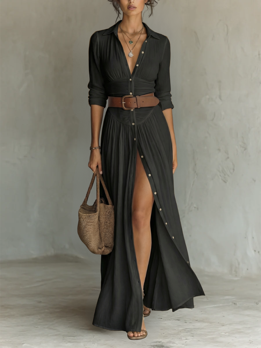 Robe Mathilde — Maxi Lin Col Revers Manches Longues