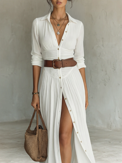 Robe Mathilde — Maxi Lin Col Revers Manches Longues