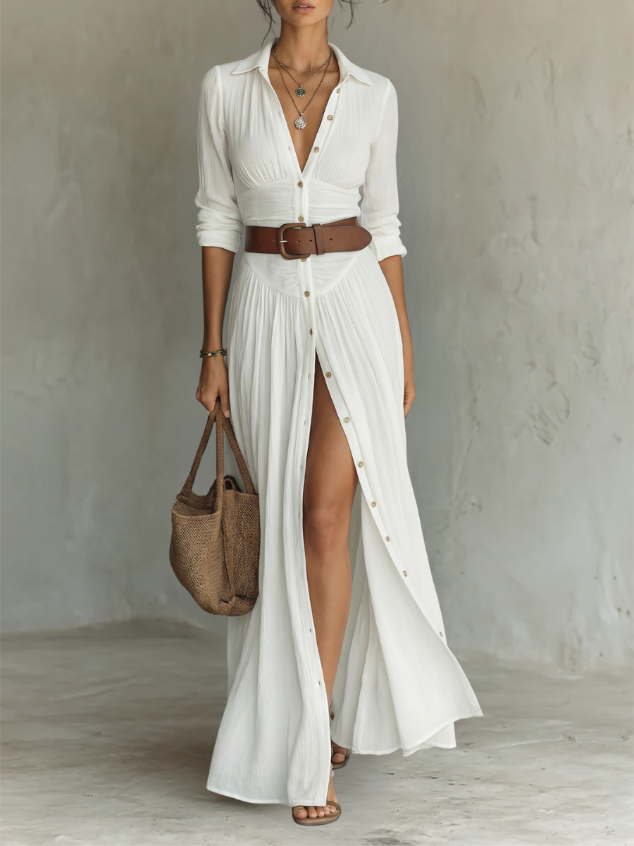 Robe Mathilde — Maxi Lin Col Revers Manches Longues