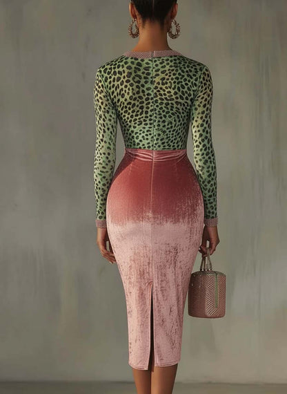 Robe Midi Rose — Velours Bodycon Patchwork Léopard