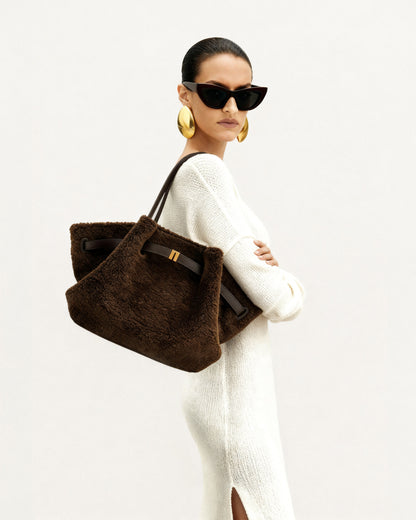 Sac fourre-tout moyen en fausse fourrure Hana - Marron moka