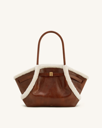 Sac cabas moyen à garniture imitation peau de mouton Hana – Marron