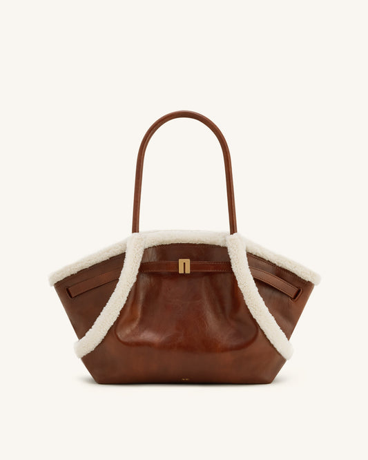 Sac cabas moyen à garniture imitation peau de mouton Hana – Marron