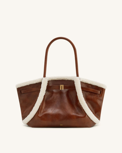 Sac cabas moyen à garniture imitation peau de mouton Hana – Marron