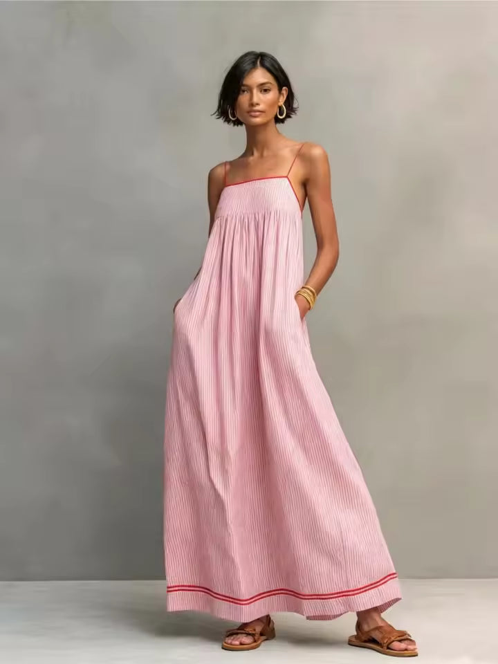 Robe Maxi Bleue — Rayures Bretelles Fines Bordure Rouge