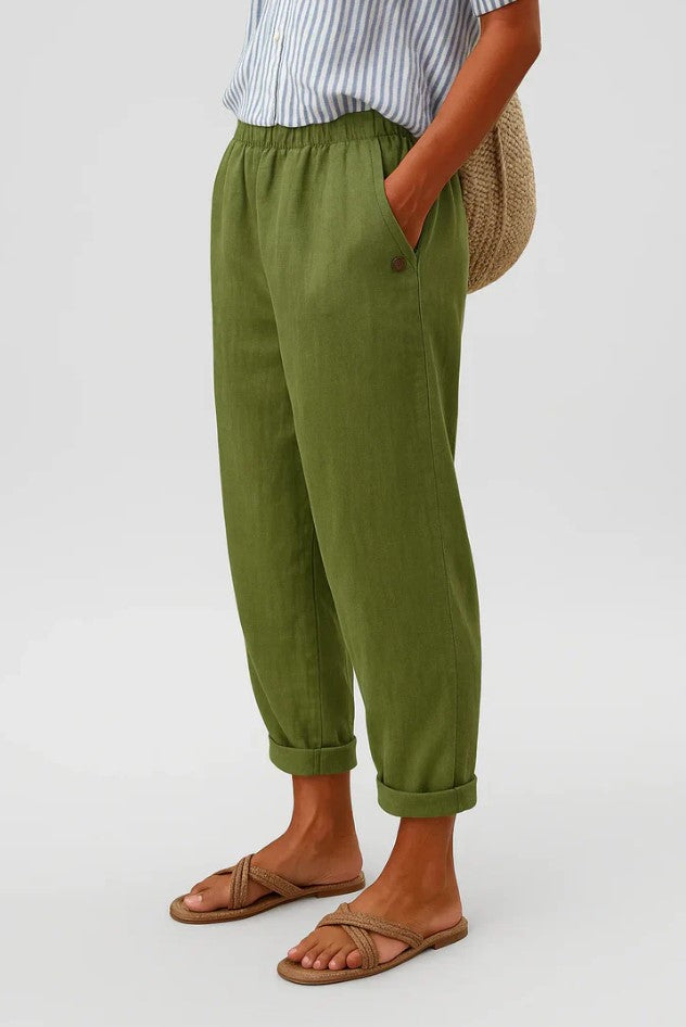 Pantalon Lin Olive — Taille Élastiquée Coupe Décontractée Poches
