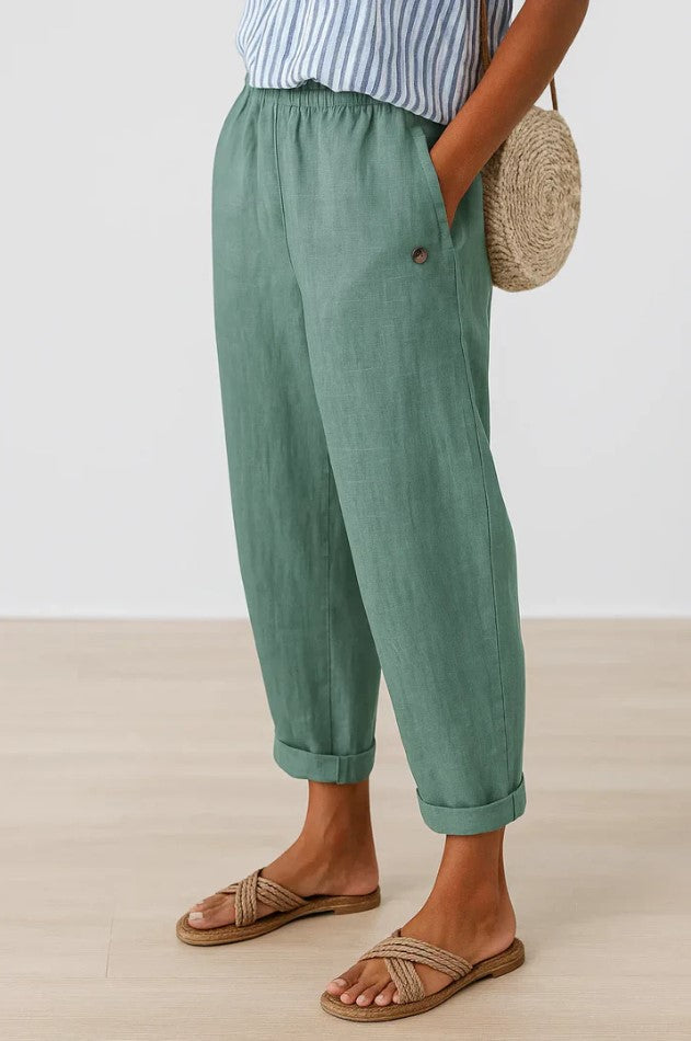 Pantalon Lin Olive — Taille Élastiquée Coupe Décontractée Poches