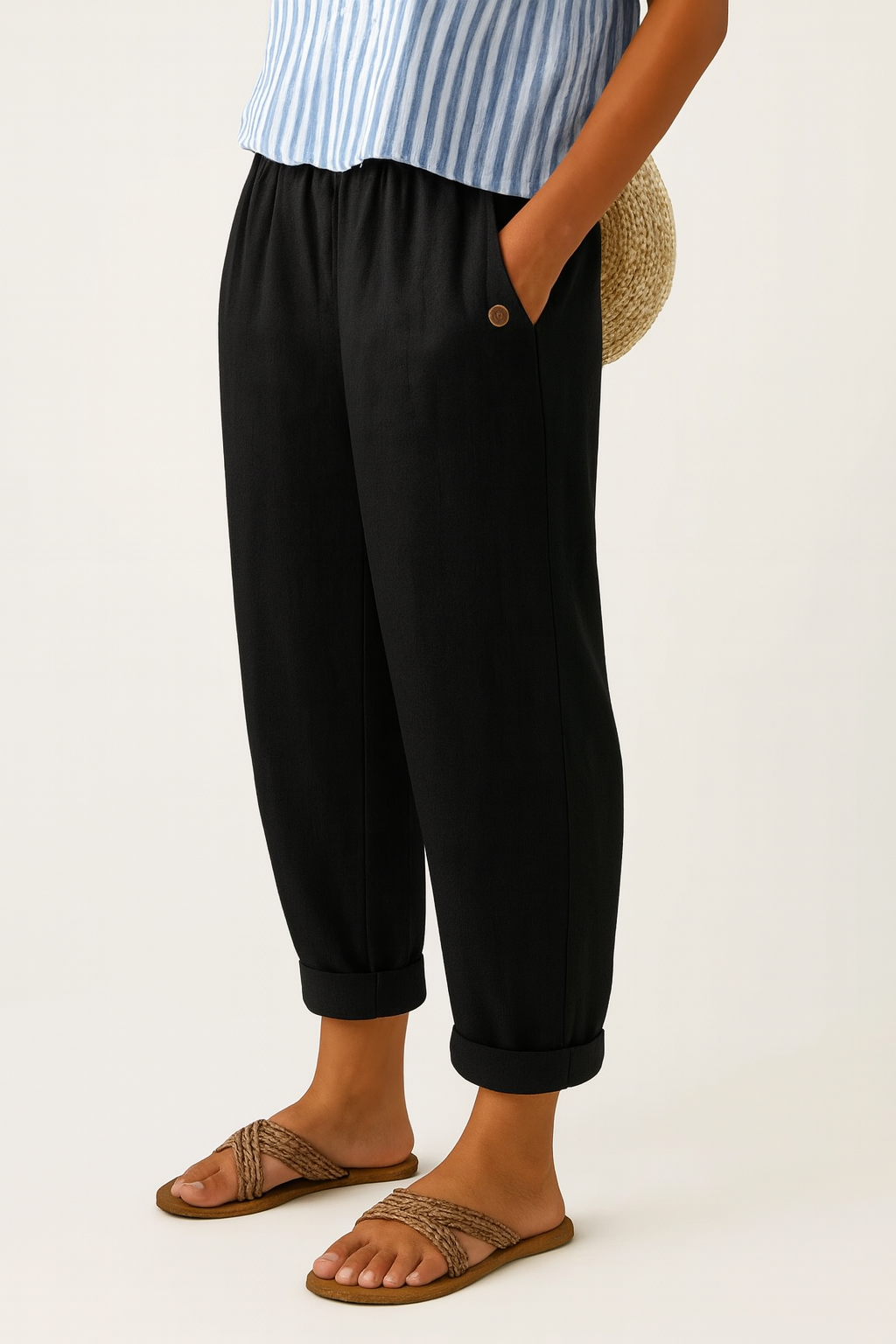 Pantalon Lin Olive — Taille Élastiquée Coupe Décontractée Poches