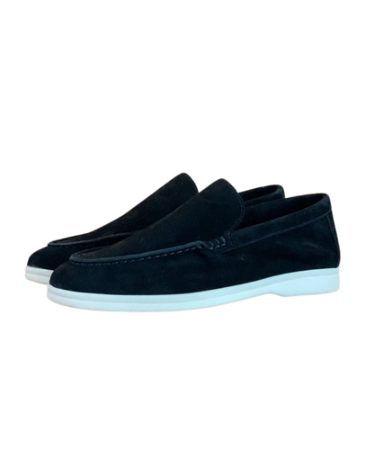 Mocassins Daim Navy — Semelle Blanche Riviera