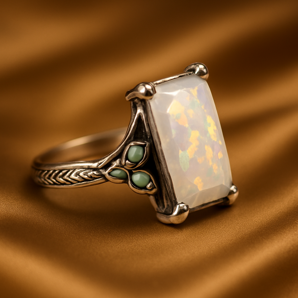 Bague Vintage Opale Blanche Argentée Lumineuse