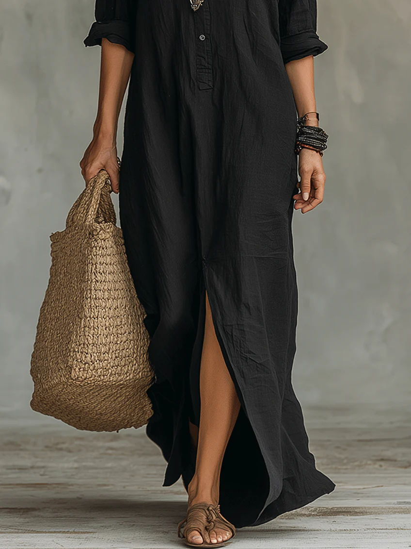 Soline™ | Robe Maxi Noire Longue à Boutons