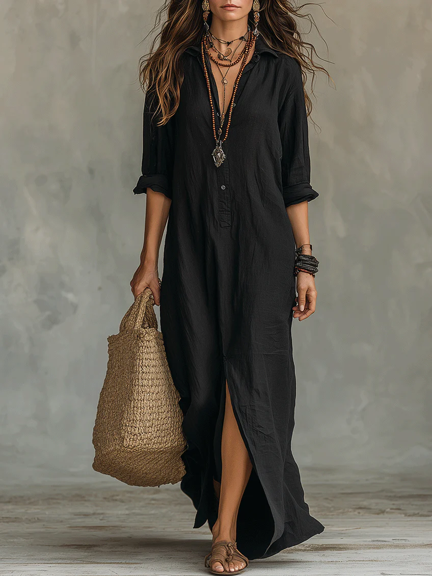 Soline™ | Robe Maxi Noire Longue à Boutons