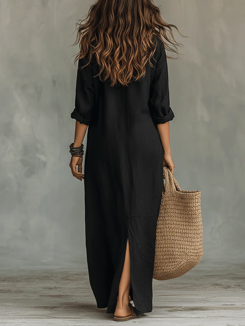 Soline™ | Robe Maxi Noire Longue à Boutons