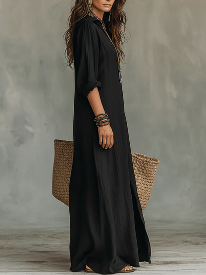 Soline™ | Robe Maxi Noire Longue à Boutons