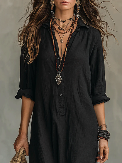 Soline™ | Robe Maxi Noire Longue à Boutons