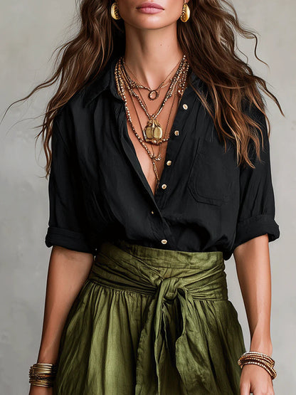 Ensemble Vera — T-shirt Noir et Jupe Midi Olive