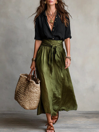 Ensemble Vera — T-shirt Noir et Jupe Midi Olive