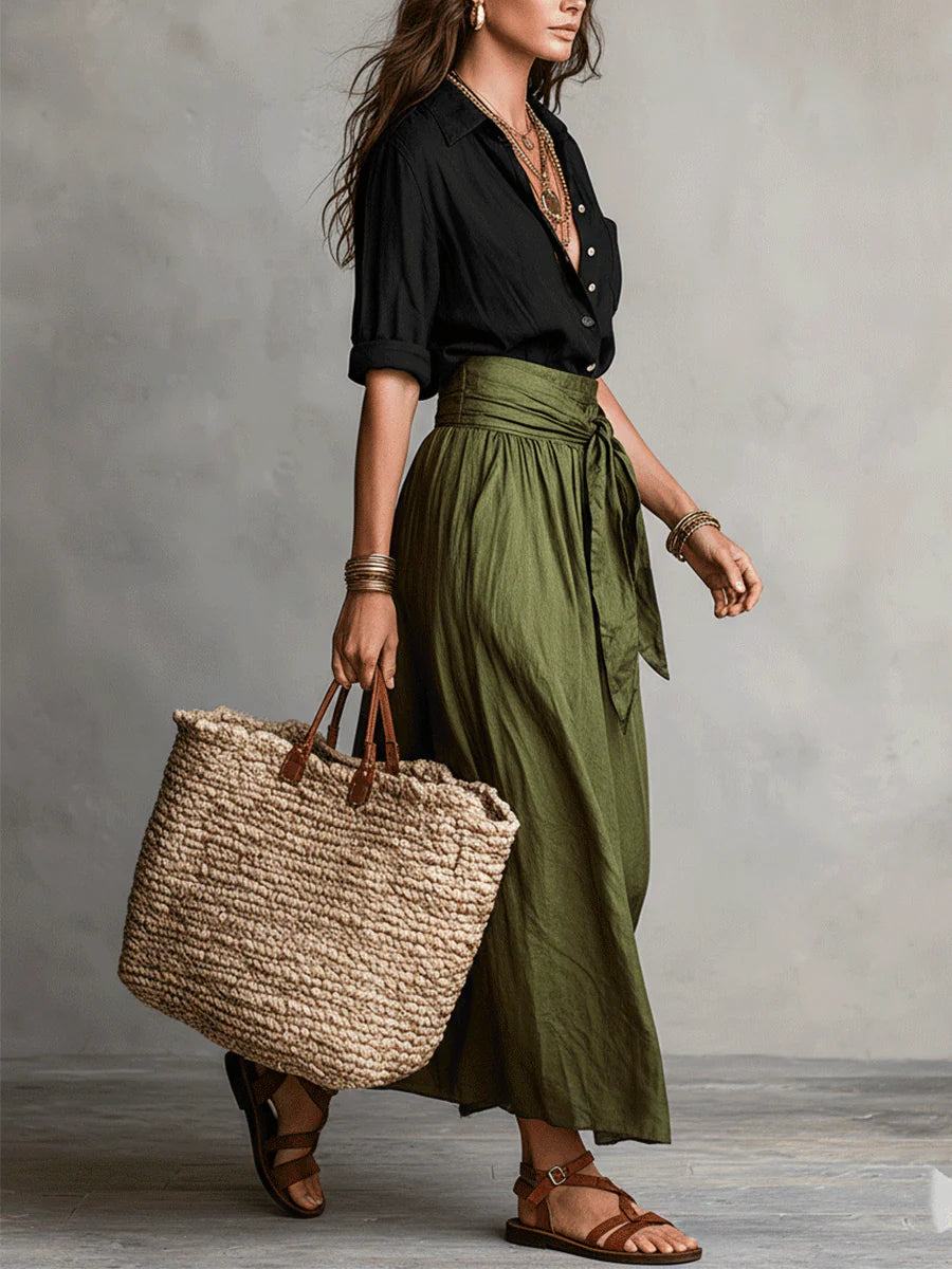 Ensemble Vera — T-shirt Noir et Jupe Midi Olive