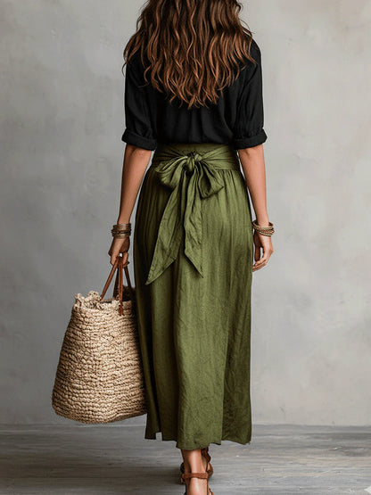 Ensemble Vera — T-shirt Noir et Jupe Midi Olive