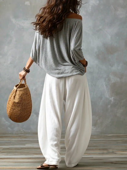 Ensemble Haut Épaules Dénudées & Pantalon Large Blanc