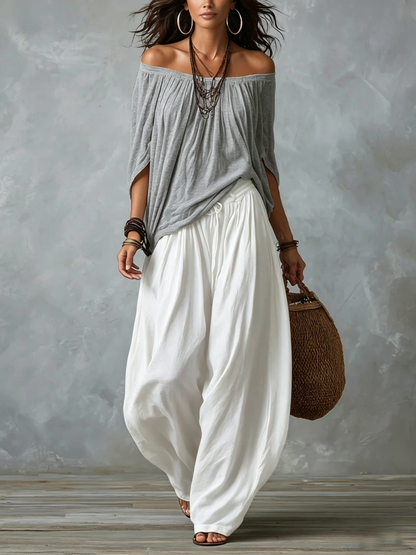 Ensemble Haut Épaules Dénudées & Pantalon Large Blanc