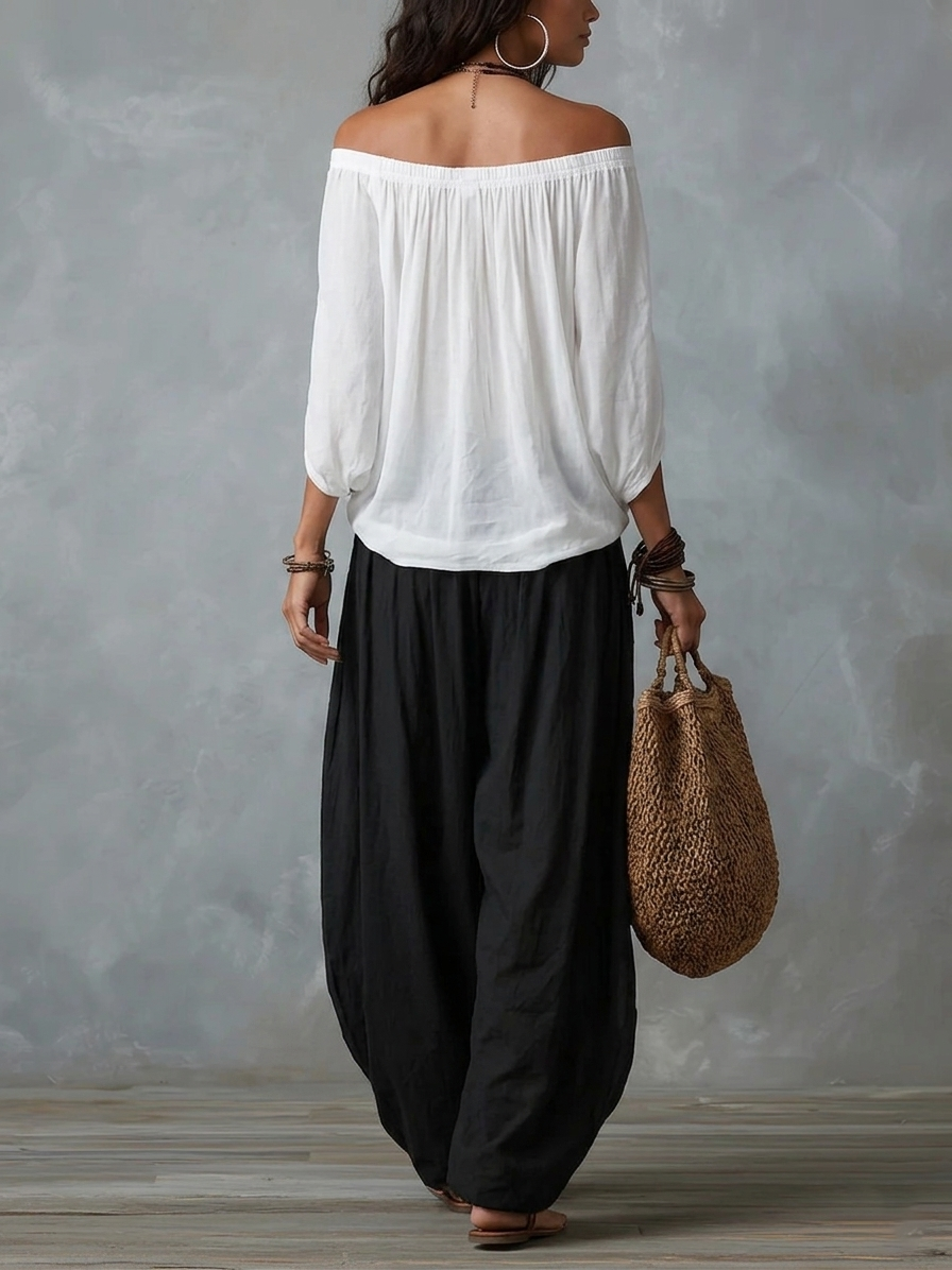 Ensemble Haut Épaules Dénudées & Pantalon Large Blanc