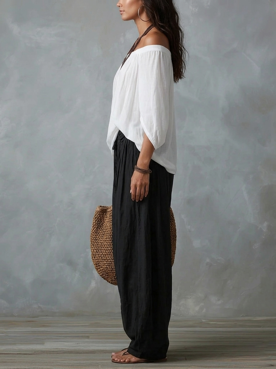 Ensemble Haut Épaules Dénudées & Pantalon Large Blanc