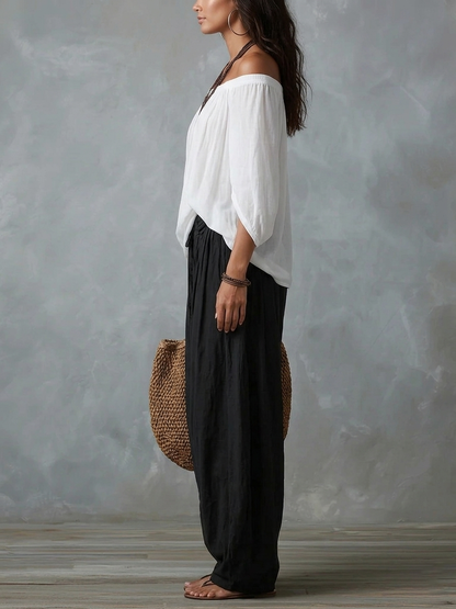 Ensemble Haut Épaules Dénudées & Pantalon Large Blanc
