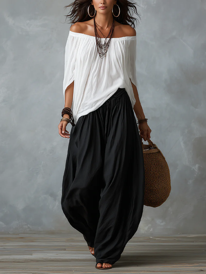 Ensemble Haut Épaules Dénudées & Pantalon Large Blanc