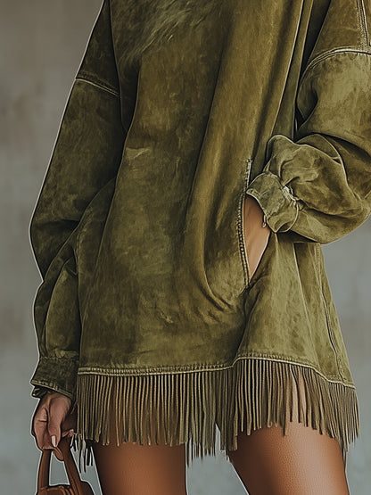 Robe Mini Olive — Daim Col Roulé Franges
