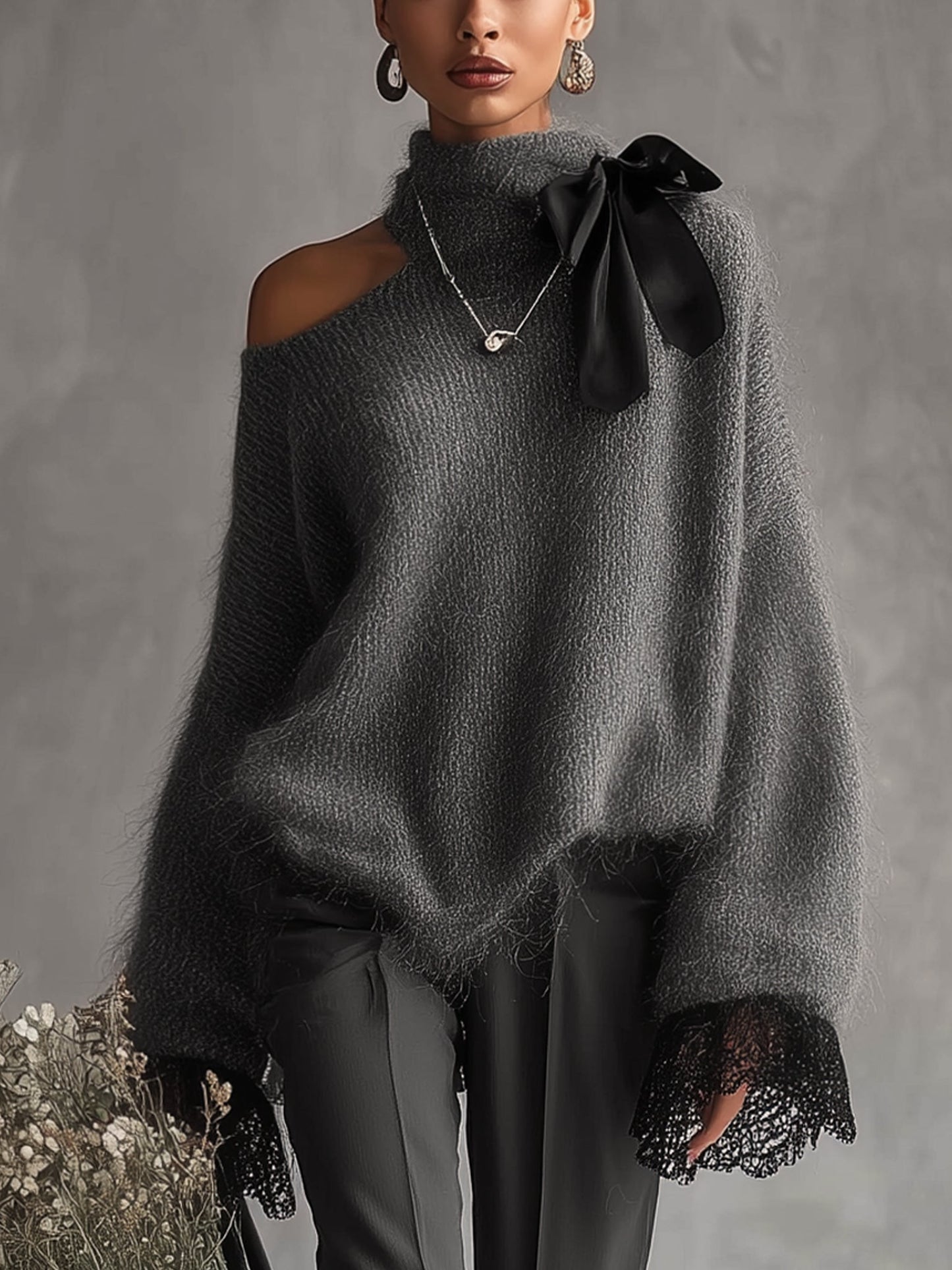 Pull Gris — Mohair Tricoté Poignets Dentelle