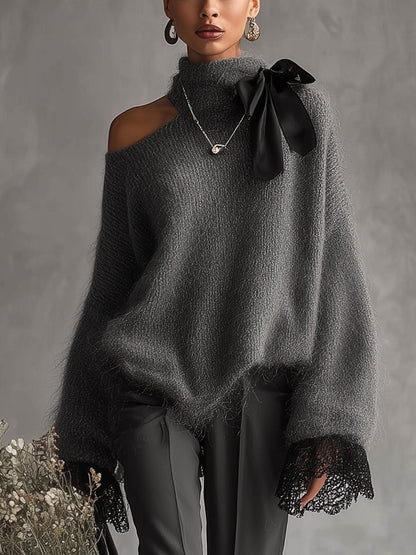 Pull Gris — Mohair Tricoté Poignets Dentelle