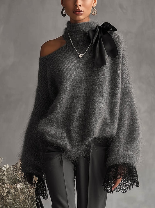 Pull Gris — Mohair Tricoté Poignets Dentelle