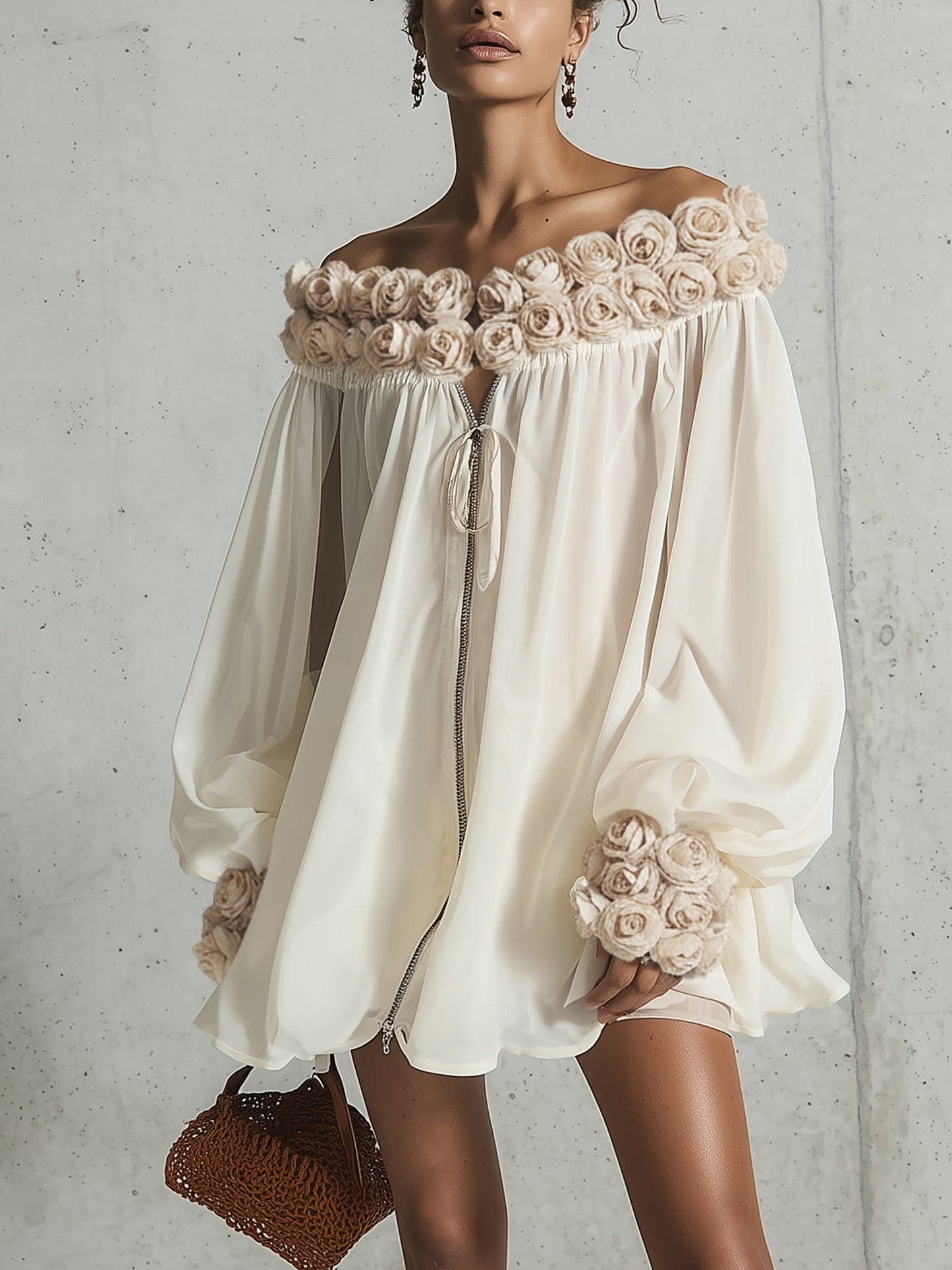 Robe Mini Crème — Chiffon 3D Fleurs Zip