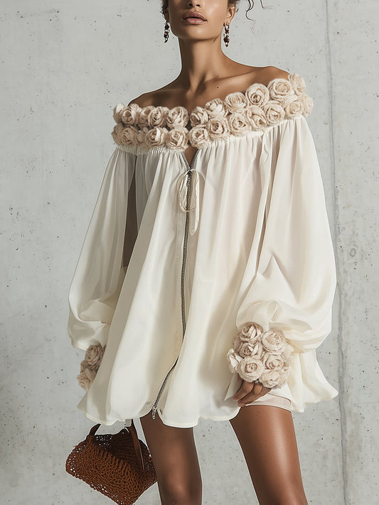 Robe Mini Crème — Chiffon 3D Fleurs Zip